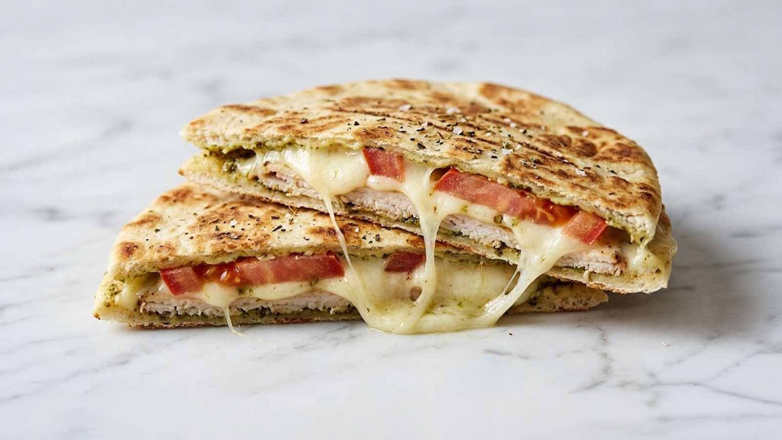 Eiwitrijke flatbread tosti met mozzarella en pesto