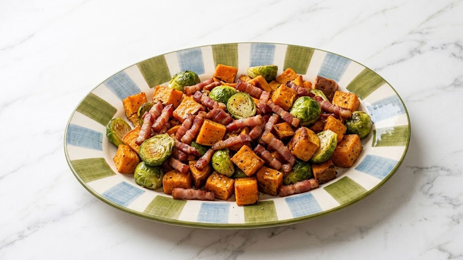 Traybake met spruitjes en zoete aardappel