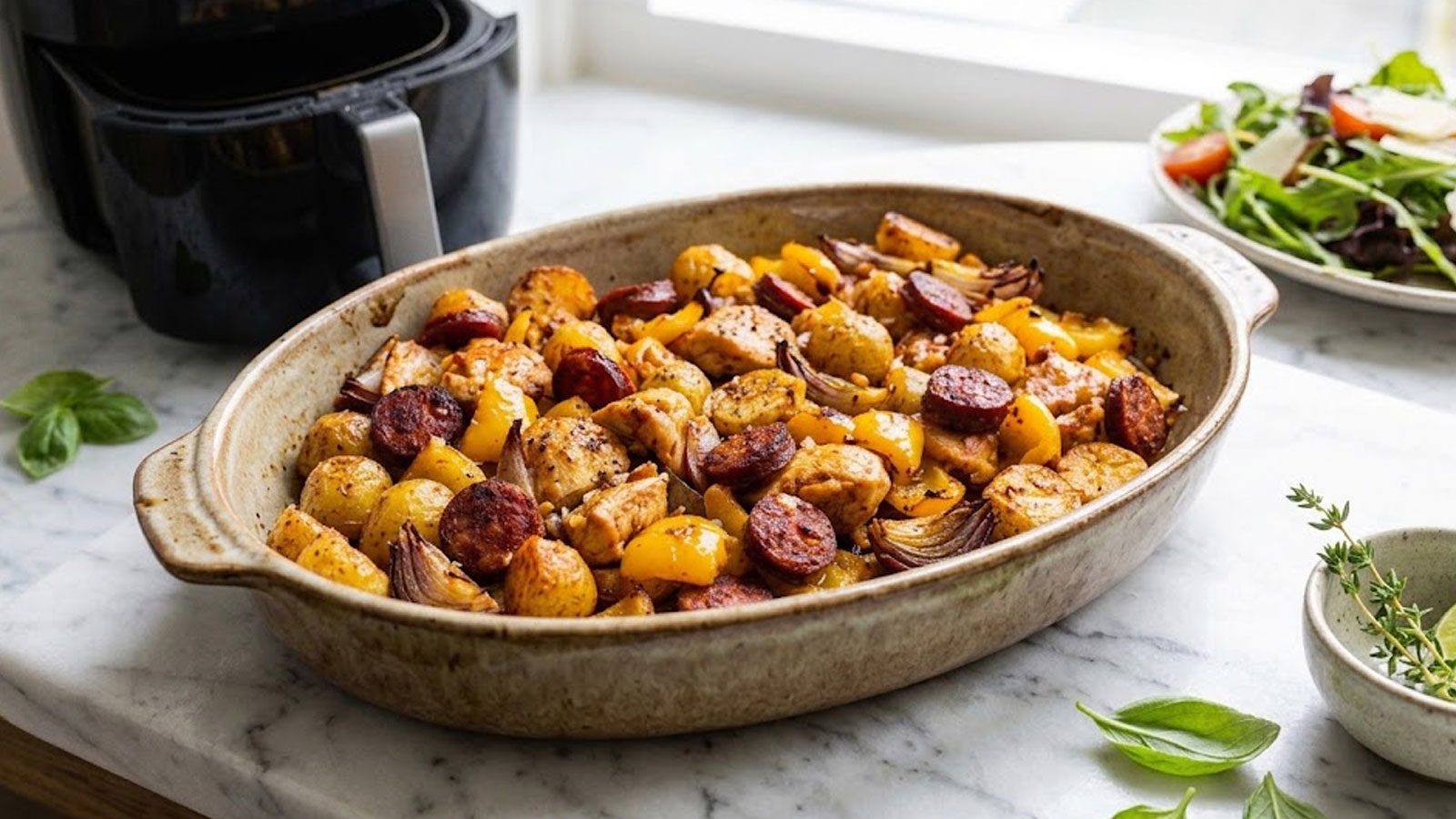 Airfryer traybake met krieltjes, kip, chorizo en paprika