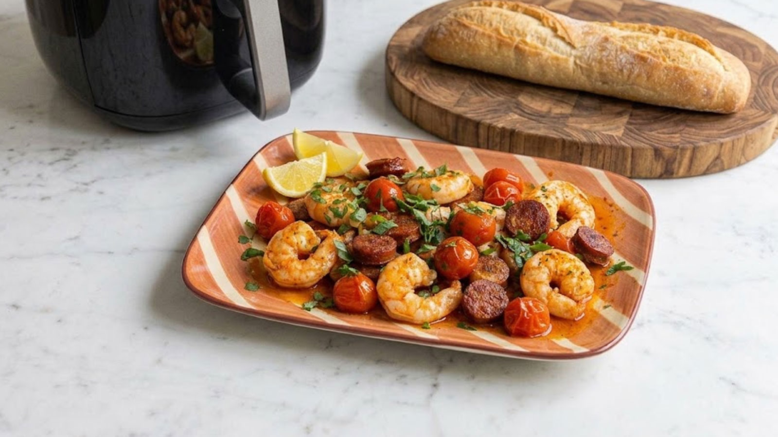 Airfryer traybake met garnalen, chorizo en cherrytomaten