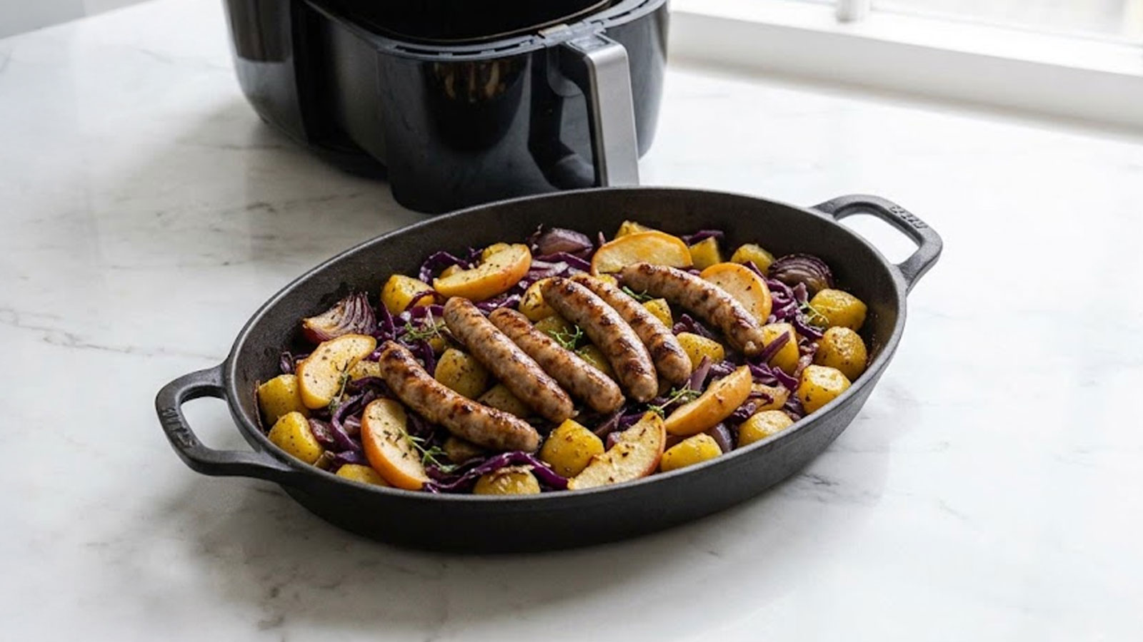 Airfryer traybake met chipolataworstjes, appel & rode kool