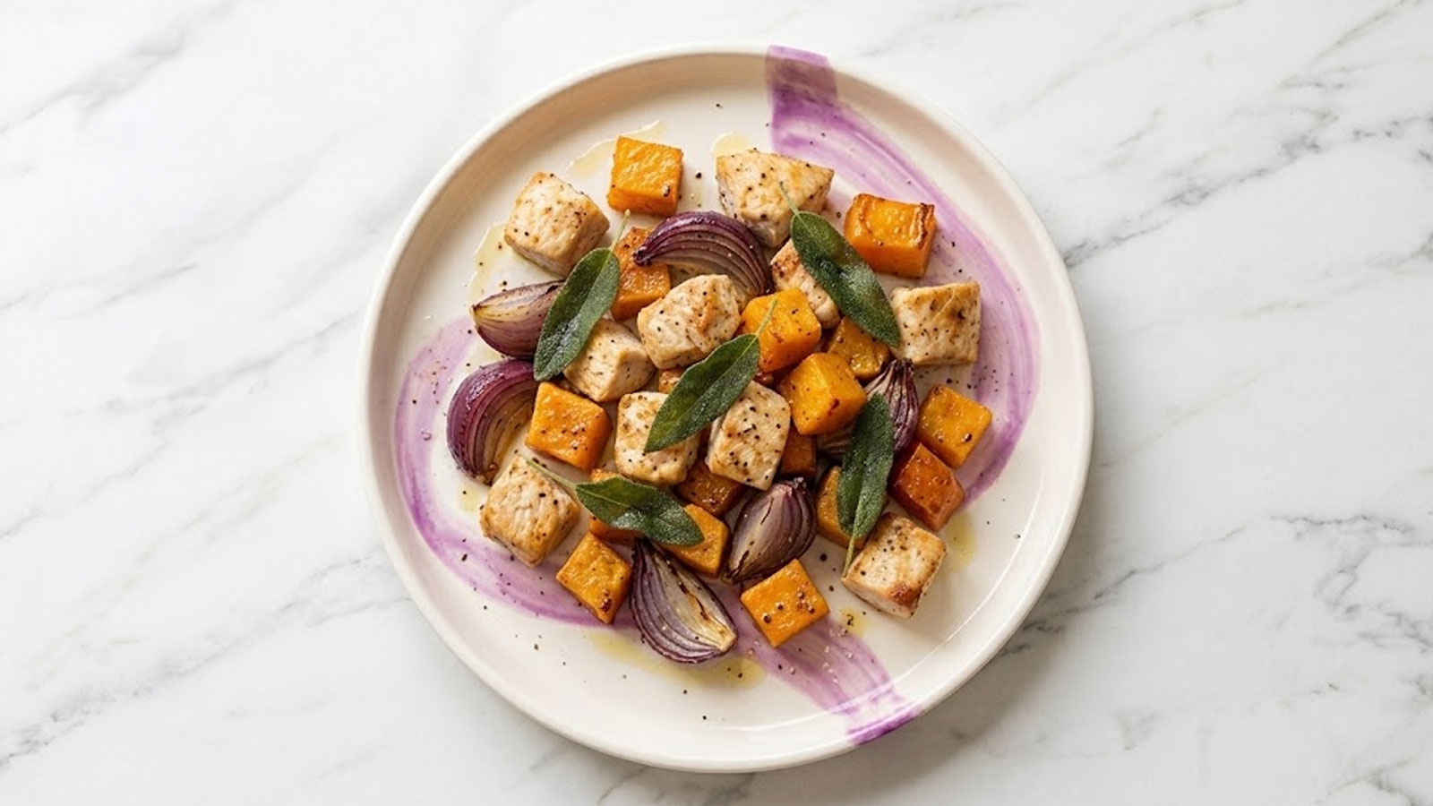 Traybake met kalkoenfilet, pompoen en salie